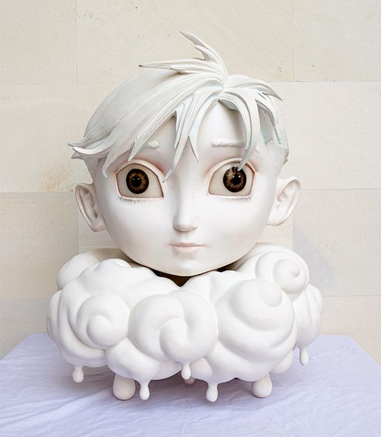 Ronald Ventura’s Rain, a white fiberglass sculpture of an anime boy’s head with wide brown eyes resting on a collar of dripping clouds