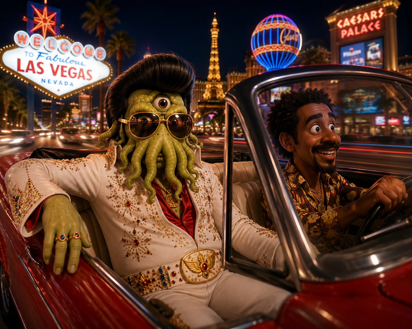 Cthulhu as Elvis (jet-black pompadour, gold aviators, rhinestone-studded white jumpsuit) lounging in a red convertible on the neon Strip past the Welcome to Fabulous Las Vegas sign, his driver grinning