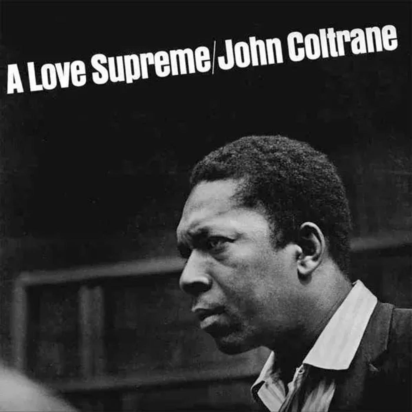John Coltrane in solemn profile on the black and white A Love Supreme album cover