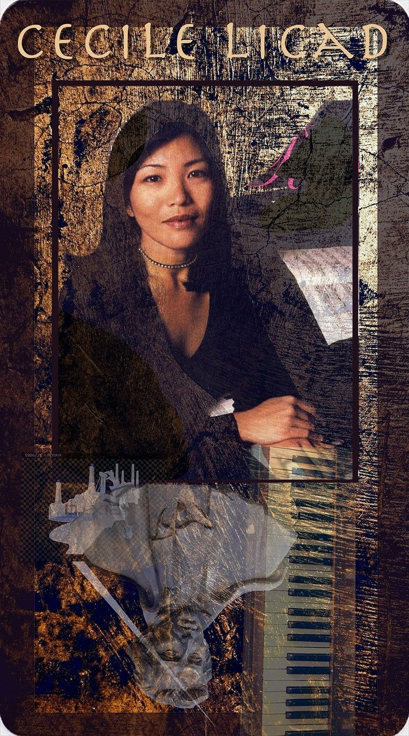Composite portrait card of pianist Cecile Licad in black with a pearl choker, her name in gold capitals, montaged over sheet music, piano keys and a carved stone figure