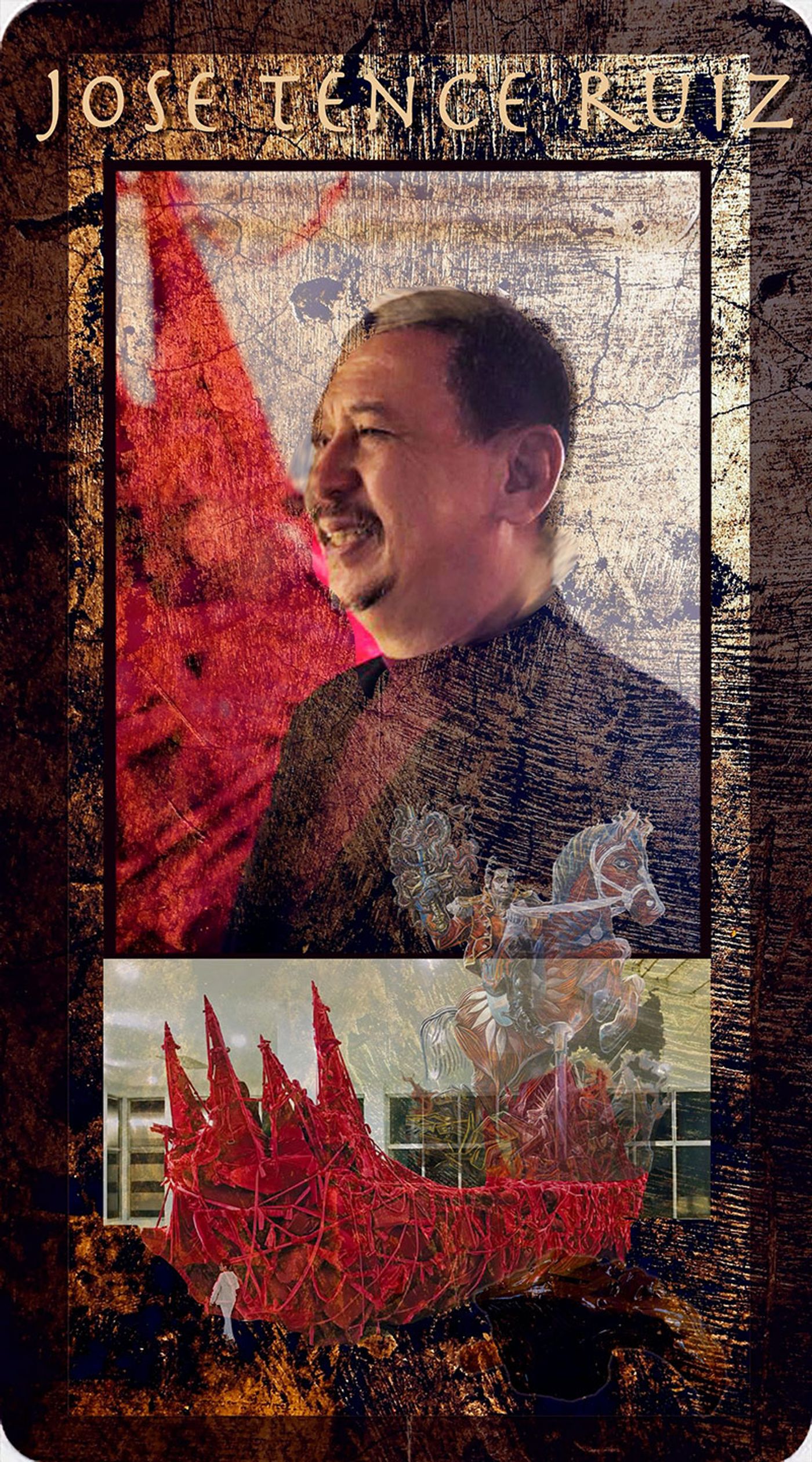 Composite portrait card of artist Jose Tence Ruiz laughing in profile against red drapery, montaged with his red shrouded galleon sculpture and a painted equestrian carousel figure