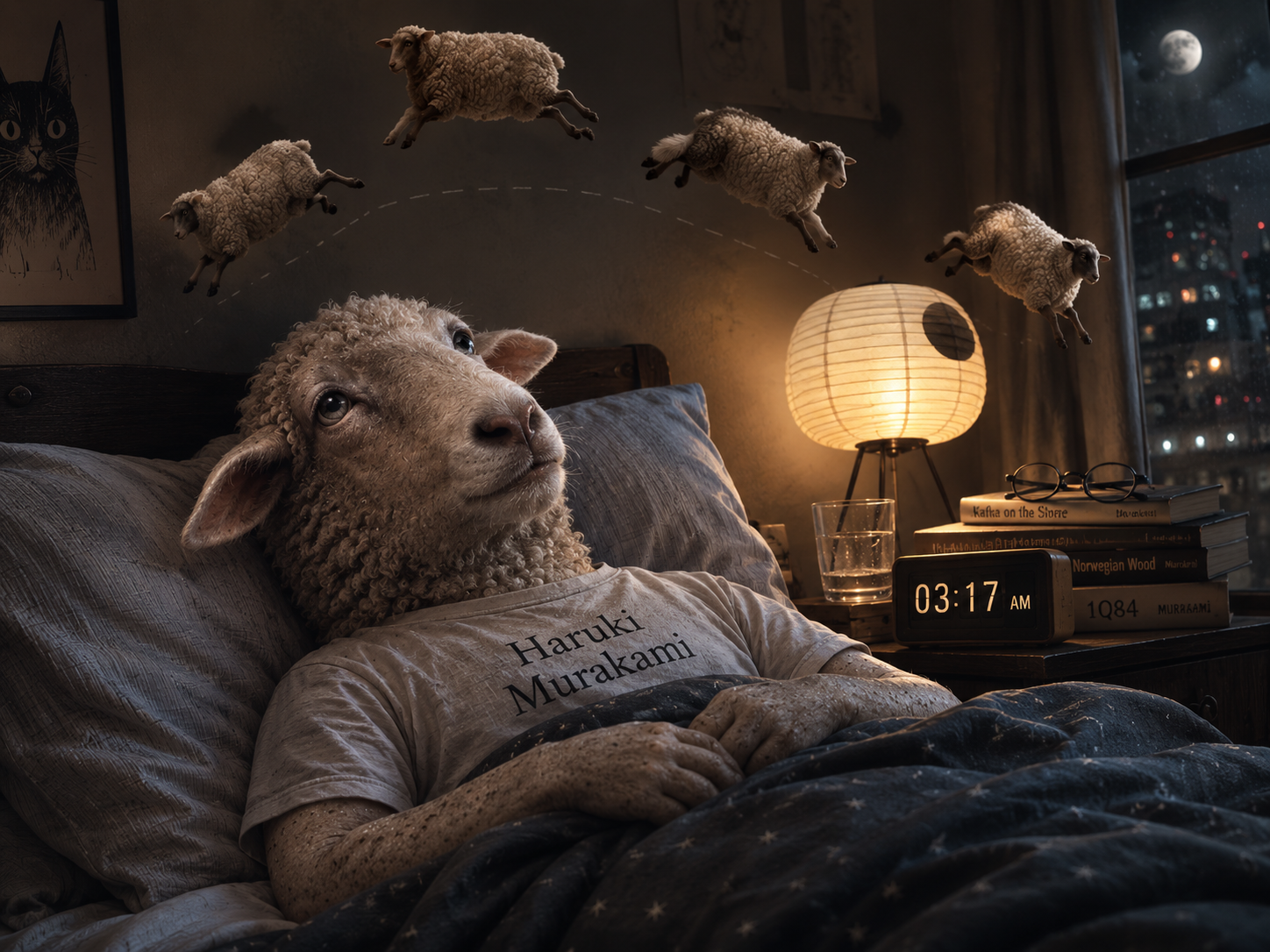 A sheep-headed insomniac in a Haruki Murakami T-shirt lies awake at 3:17 a.m., sheep leaping over the bed past a stack of Murakami novels