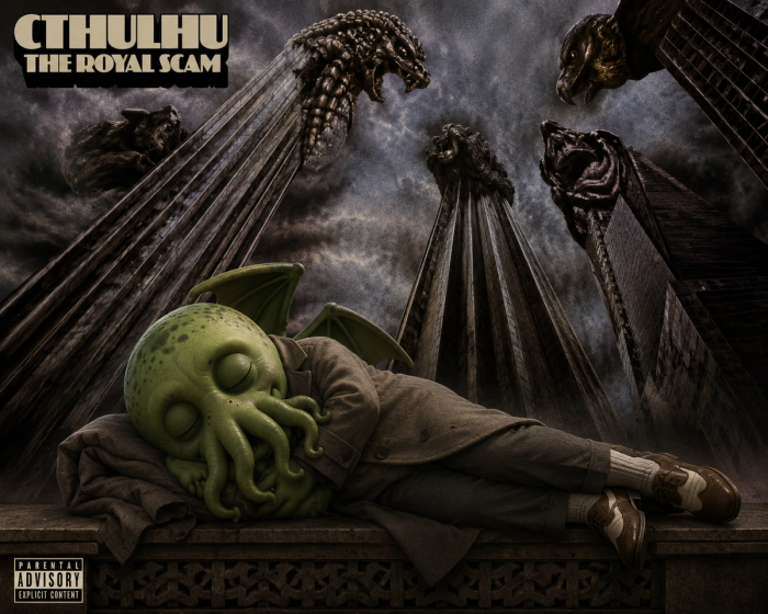 Parody of Steely Dan’s The Royal Scam album cover, retitled Cthulhu: The Royal Scam, a suited Cthulhu-headed sleeper on a ledge beneath skyscrapers topped with snarling beasts