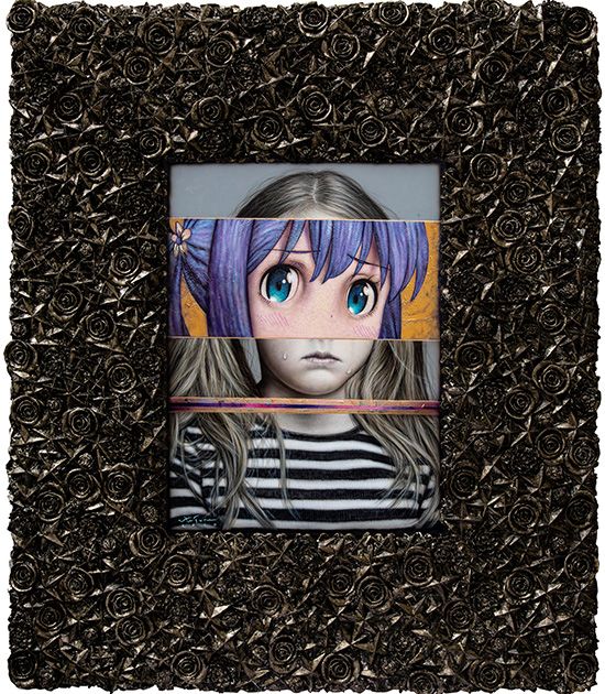 Ronald Ventura’s Comic Stripes 2, a girl in a striped shirt with a blue-haired anime face band across her eyes, framed in dark metallic roses