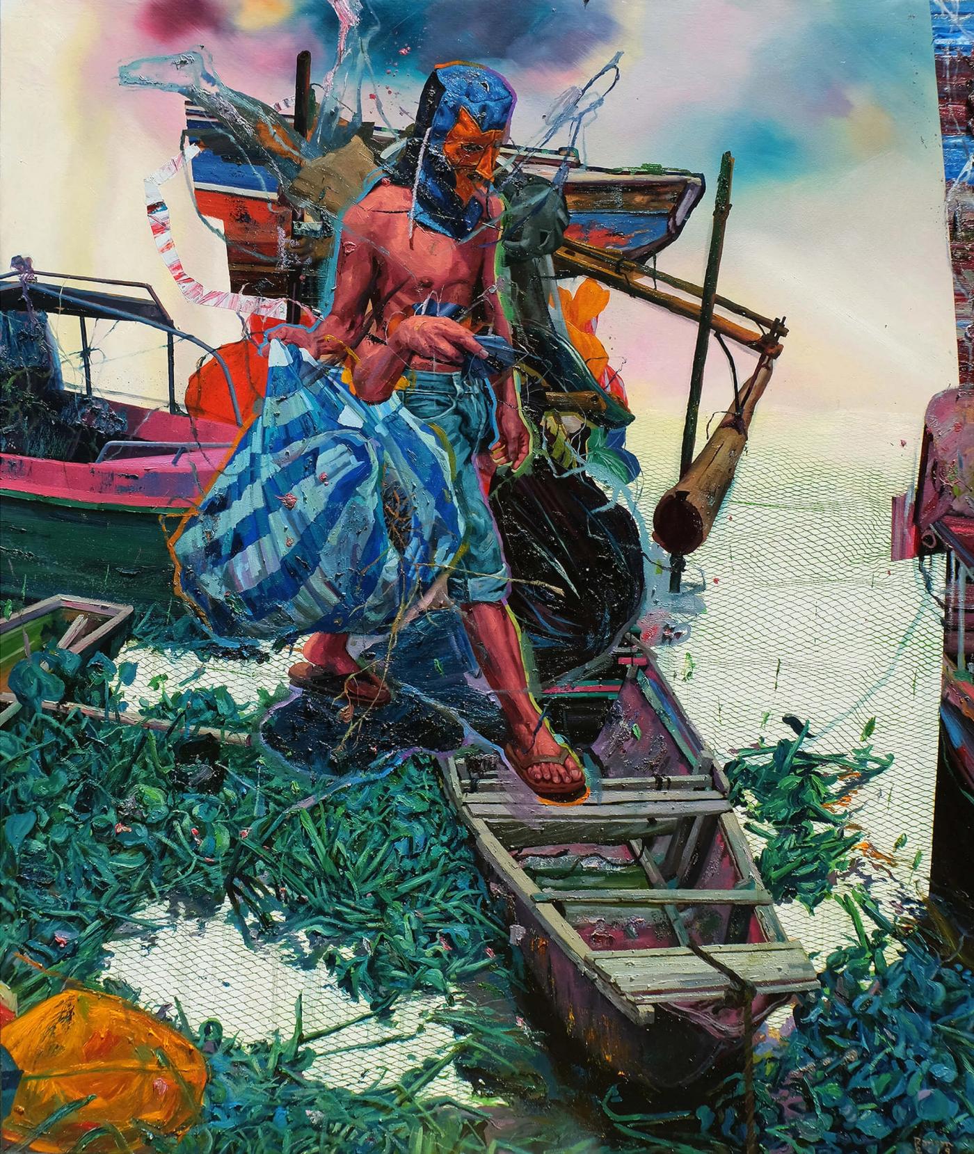 Sakag by Ronson Culibrina, a masked fisherman carrying a striped bag across a wooden boat heaped with seaweed