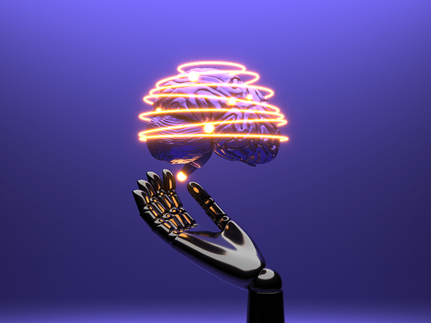 A black robotic skeletal hand holding up a glowing brain ringed with orange light trails on a purple background