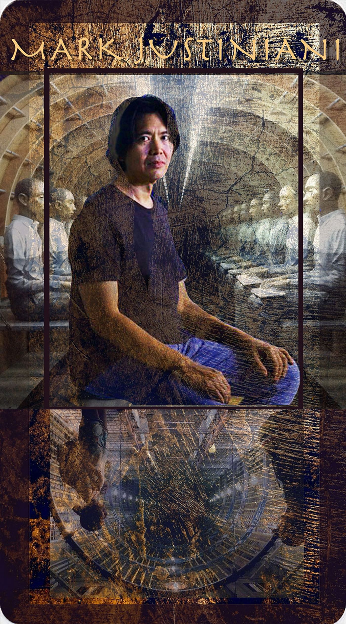 Composite portrait card of artist Mark Justiniani sitting cross legged, montaged into one of his infinity mirror installations with receding rows of seated figures and a tunnel of light