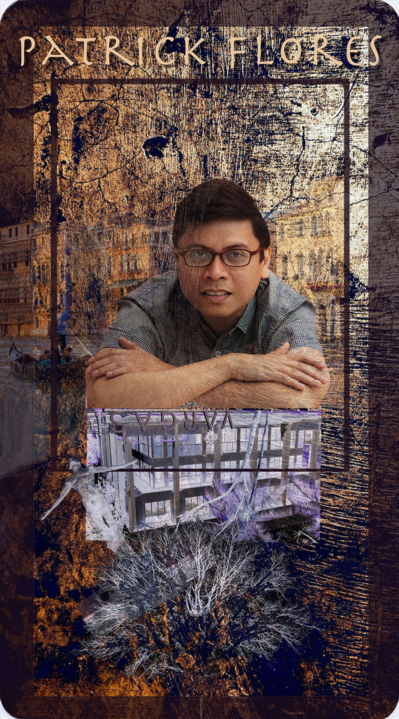 Composite portrait card of curator Patrick Flores in glasses with folded arms, montaged over a Venetian canal of palazzi and a rendering of the Vargas Museum with bare white branches