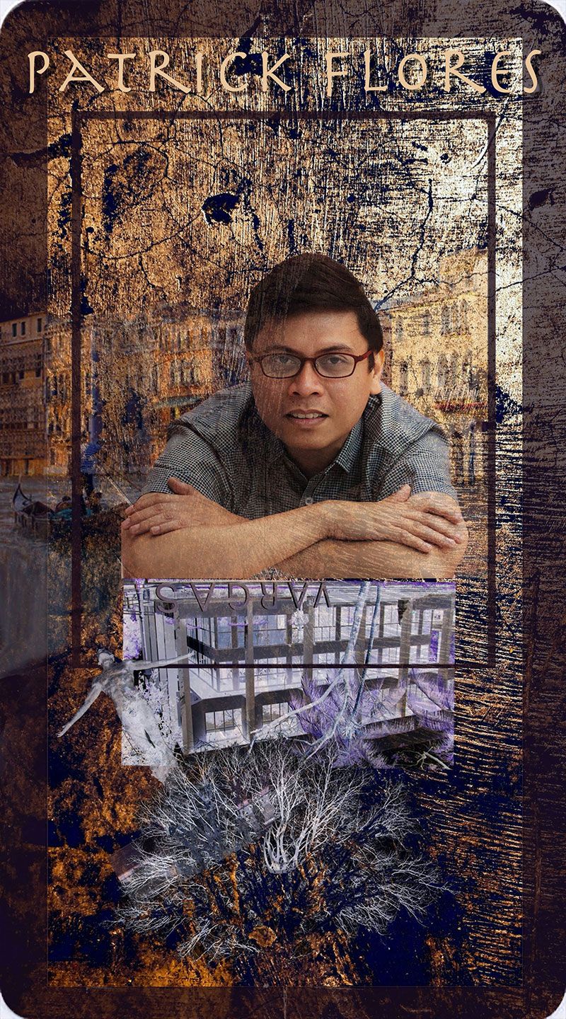 Composite portrait card of curator Patrick Flores in glasses with folded arms, montaged over a Venetian canal of palazzi and a rendering of the Vargas Museum with bare white branches