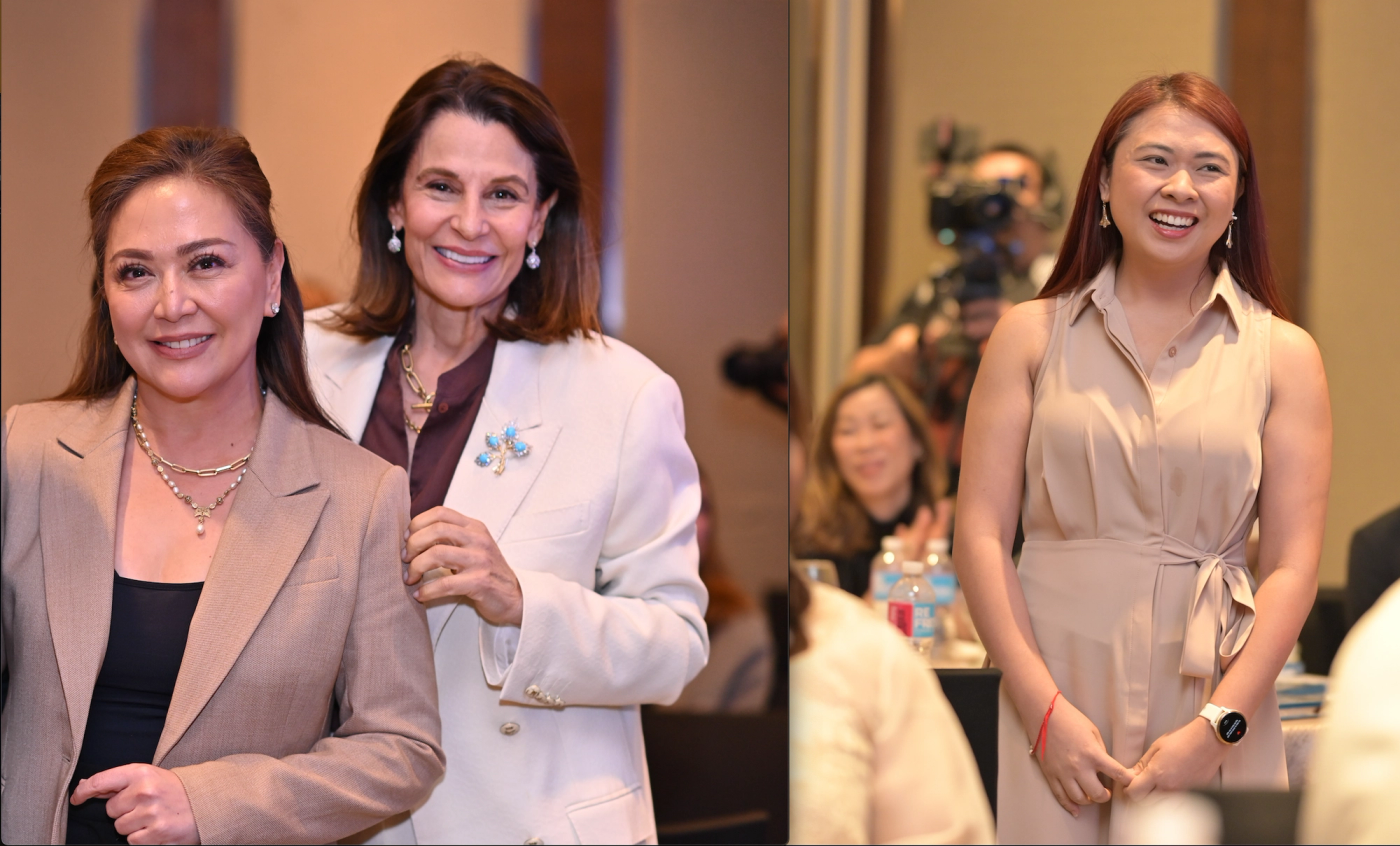 Karen Davila with Bea Zobel Jr., and analog astronaut Kristine Jane Atienza smiling mid-event, in a two-photo spread