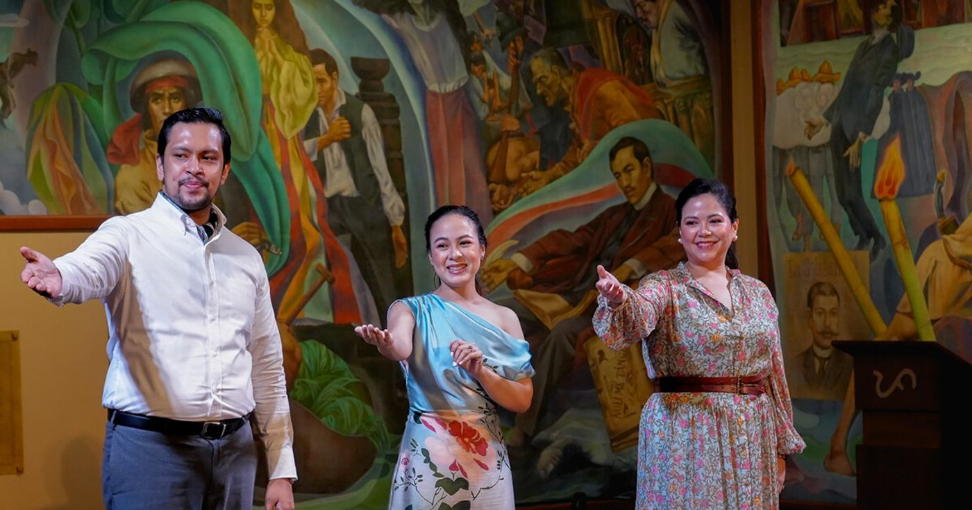 Sopranos Anna Migallos and Myramae Meneses with bass baritone Roby Malubay posing together at the launch of Progetto Puccini