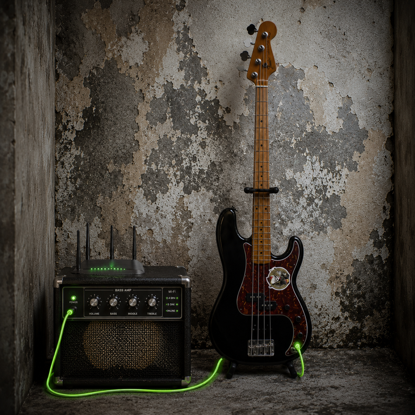 Road-worn black Fender Precision Bass with a tortoiseshell pickguard on a stand, beside a bass amp topped with a Wi-Fi router, neon-green cables plugged into both