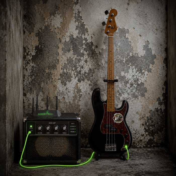 Road-worn black Fender Precision Bass with a tortoiseshell pickguard on a stand, beside a bass amp topped with a Wi-Fi router, neon-green cables plugged into both