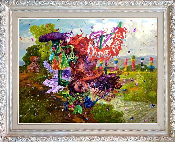 A deconstructed landscape painting titled Piging Sa Ilog showing a traditional river scene disrupted by vibrant color spills and pop motifs