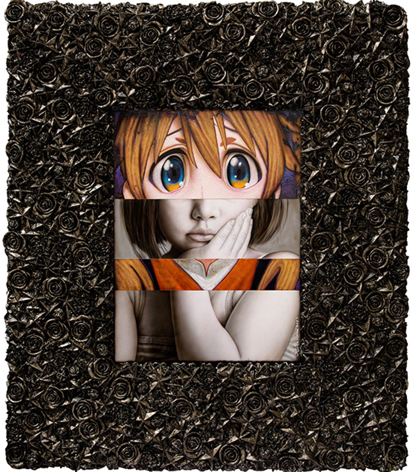 Girl resting her chin on her hand, her upper face swapped for wide teary anime eyes, in a frame of dark roses