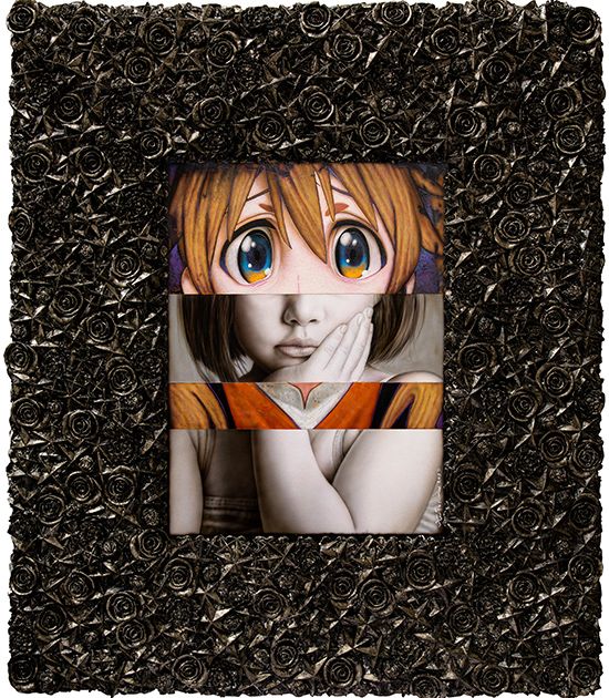 Girl resting her chin on her hand, her upper face swapped for wide teary anime eyes, in a frame of dark roses