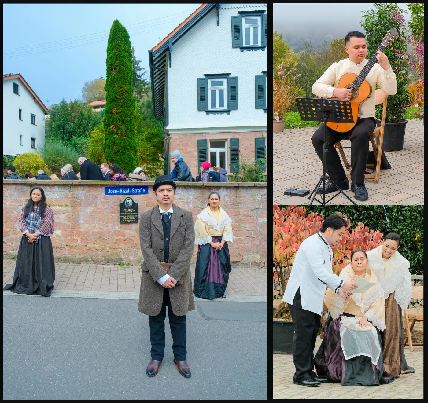 Collage of performers in period dress: Ross Pesigan as Rizal by the Jose-Rizal-Strasse sign, a guitarist playing