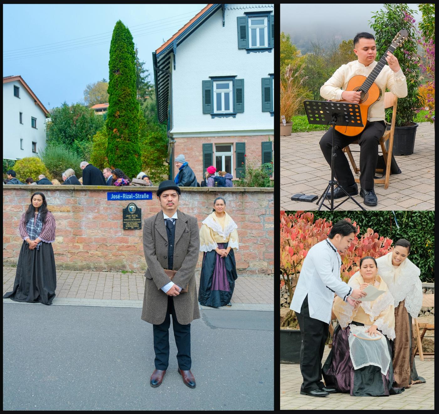 Collage of performers in period dress: Ross Pesigan as Rizal by the Jose-Rizal-Strasse sign, a guitarist playing