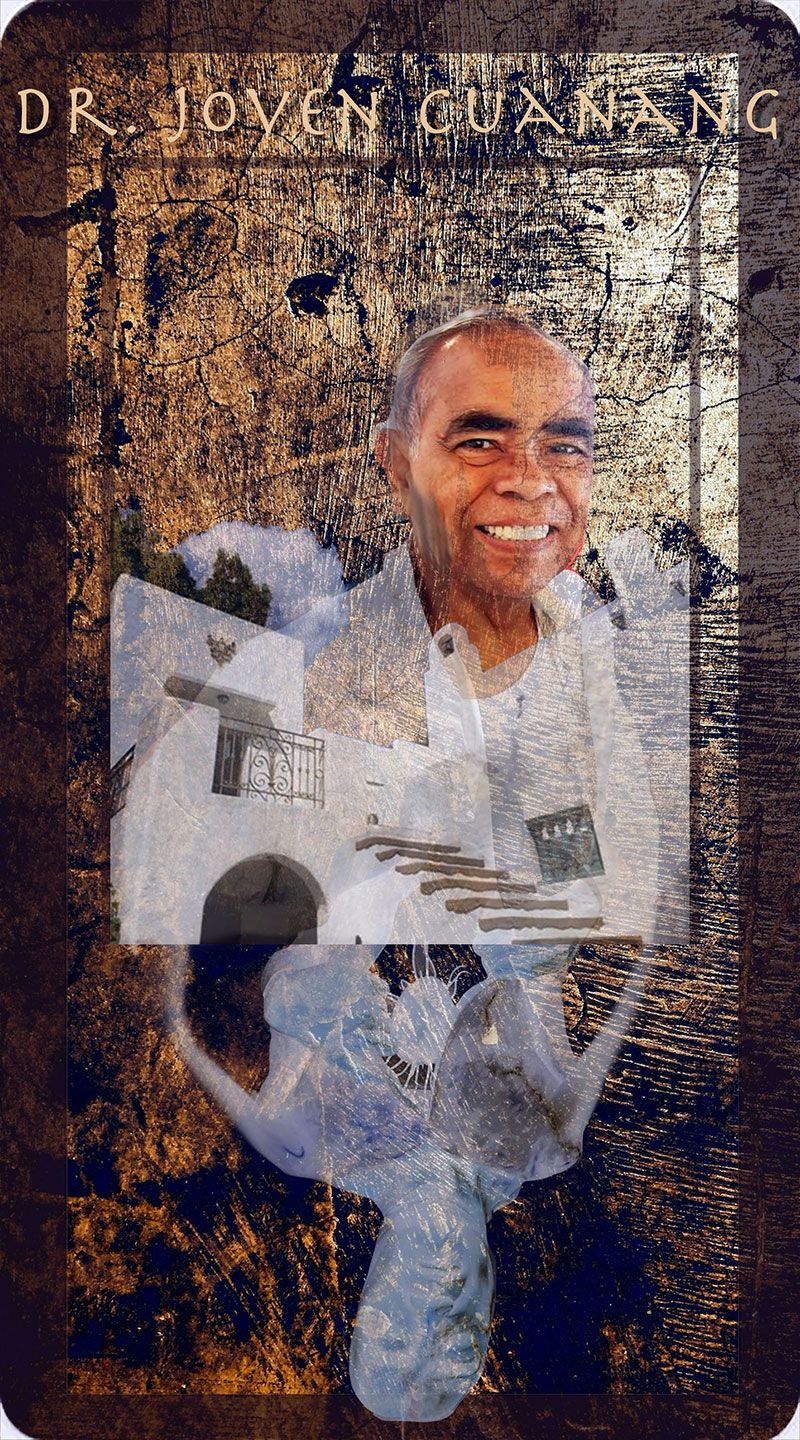 Composite portrait card of Dr. Joven Cuanang smiling in a white barong, montaged over a whitewashed Mediterranean style museum courtyard with a wrought iron gate and stone steps