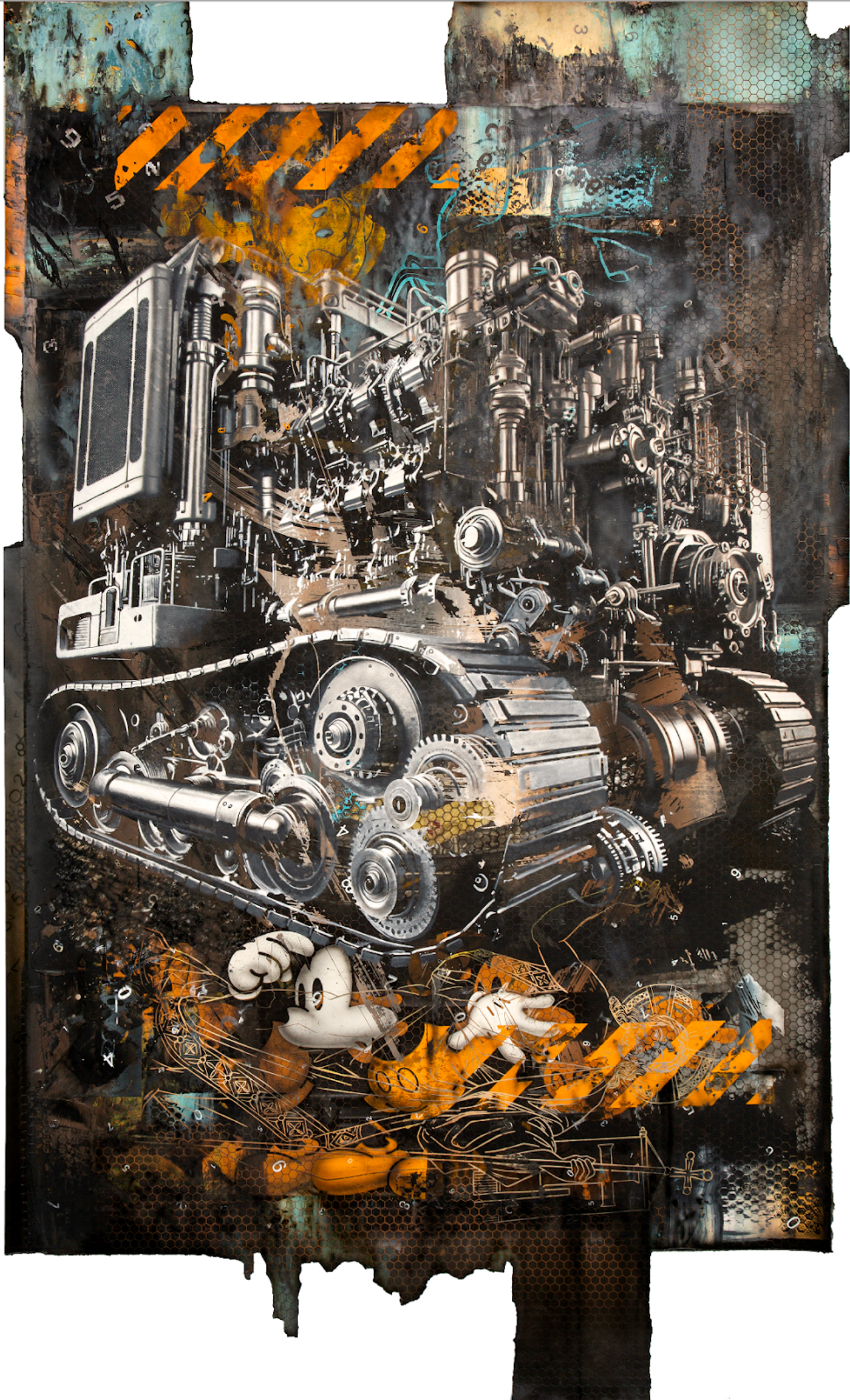 ‘Manstruck’ by Ronald Ventura: tracked machinery rendered in rust and silver, Mickey Mouse crushed beneath hazard stripes