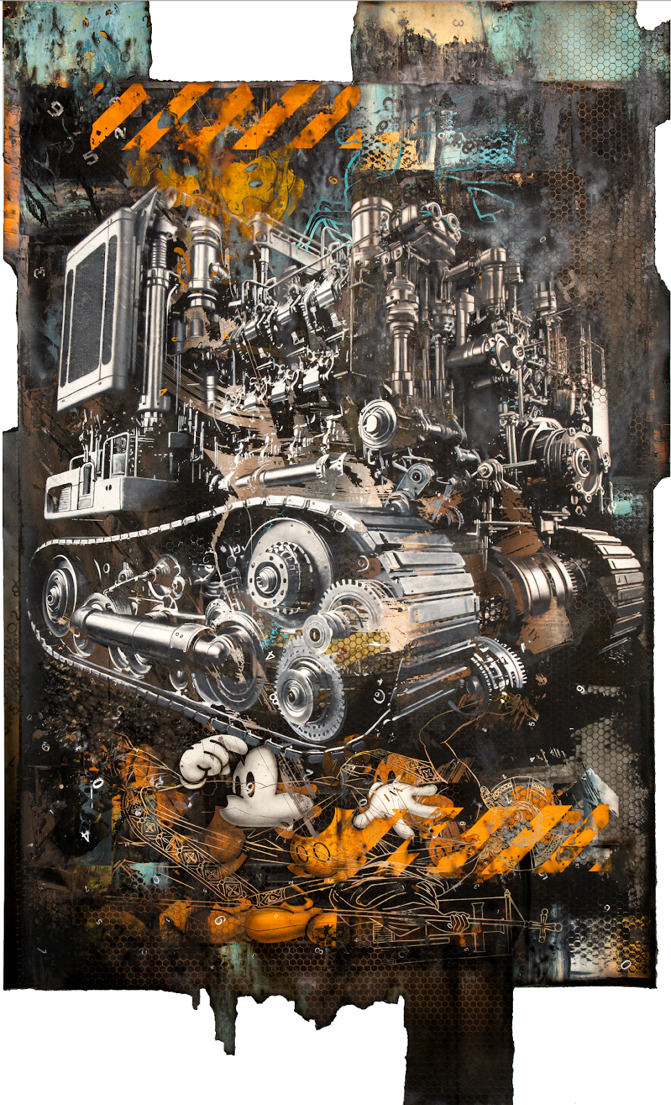 ‘Manstruck’ by Ronald Ventura: tracked machinery rendered in rust and silver, Mickey Mouse crushed beneath hazard stripes