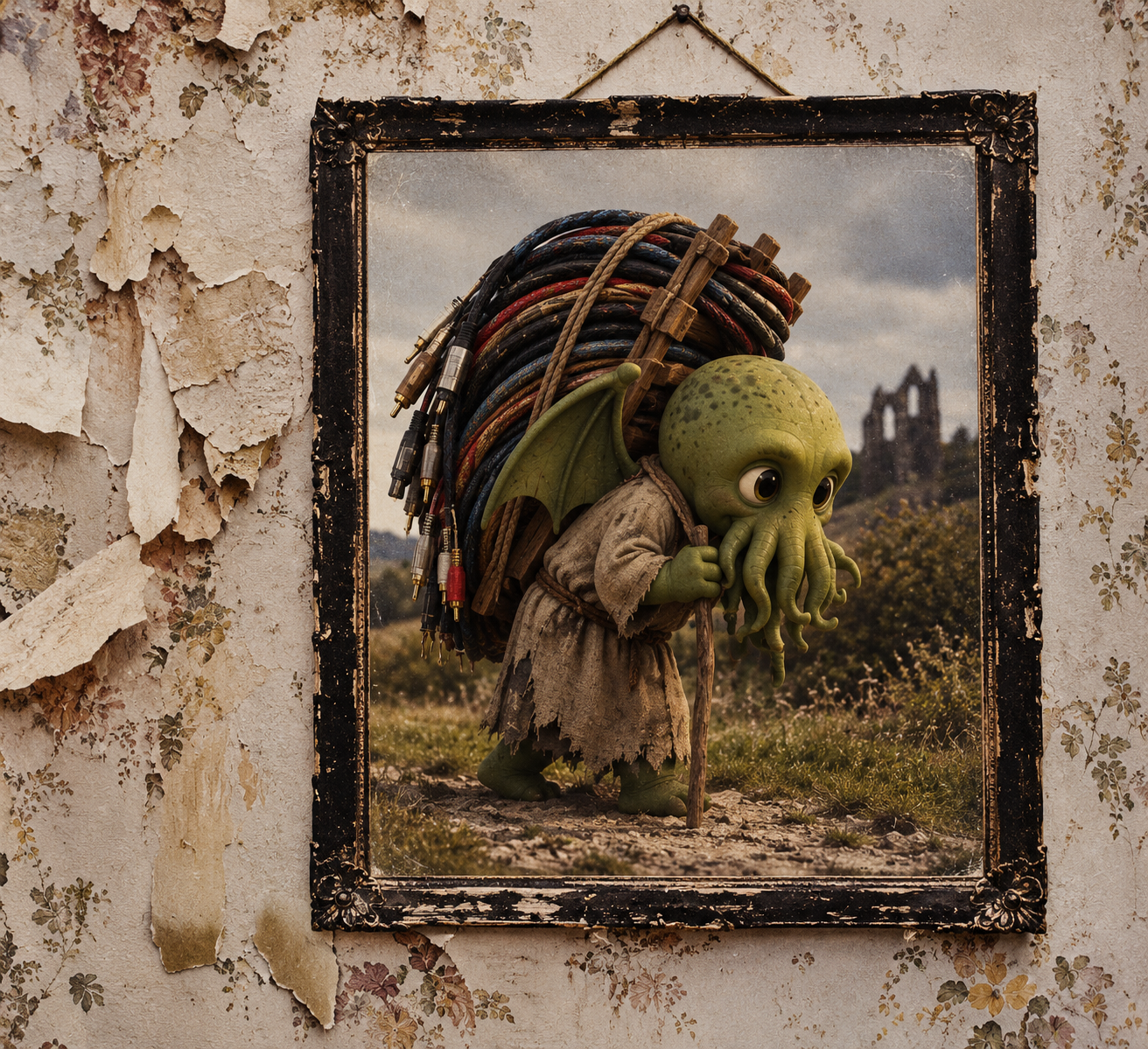 Parody of the Led Zeppelin IV album cover: a framed painting on a peeling wall of a robed Cthulhu-headed figure hunched under a bundle of audio cables