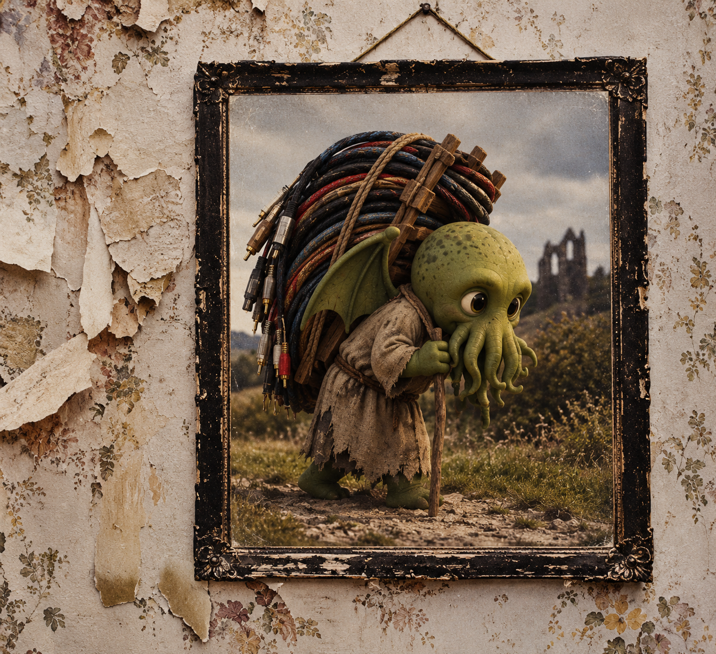 Parody of the Led Zeppelin IV album cover: a framed painting on a peeling wall of a robed Cthulhu-headed figure hunched under a bundle of audio cables