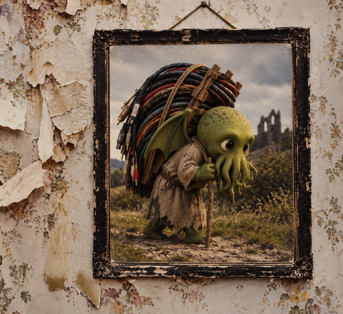 Parody of the Led Zeppelin IV album cover: a framed painting on a peeling wall of a robed Cthulhu-headed figure hunched under a bundle of audio cables