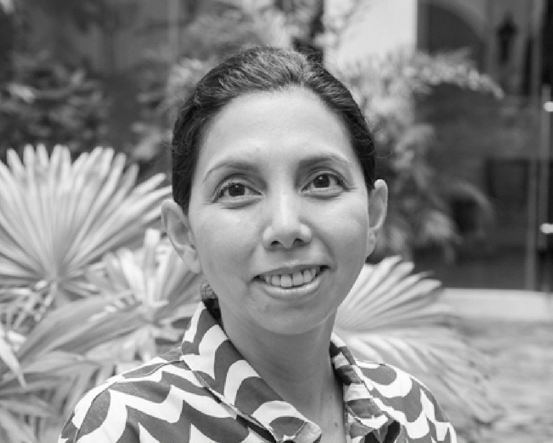 Portrait of curator Yael Buencamino-Borromeo posing inside the Philippine Pavilion
