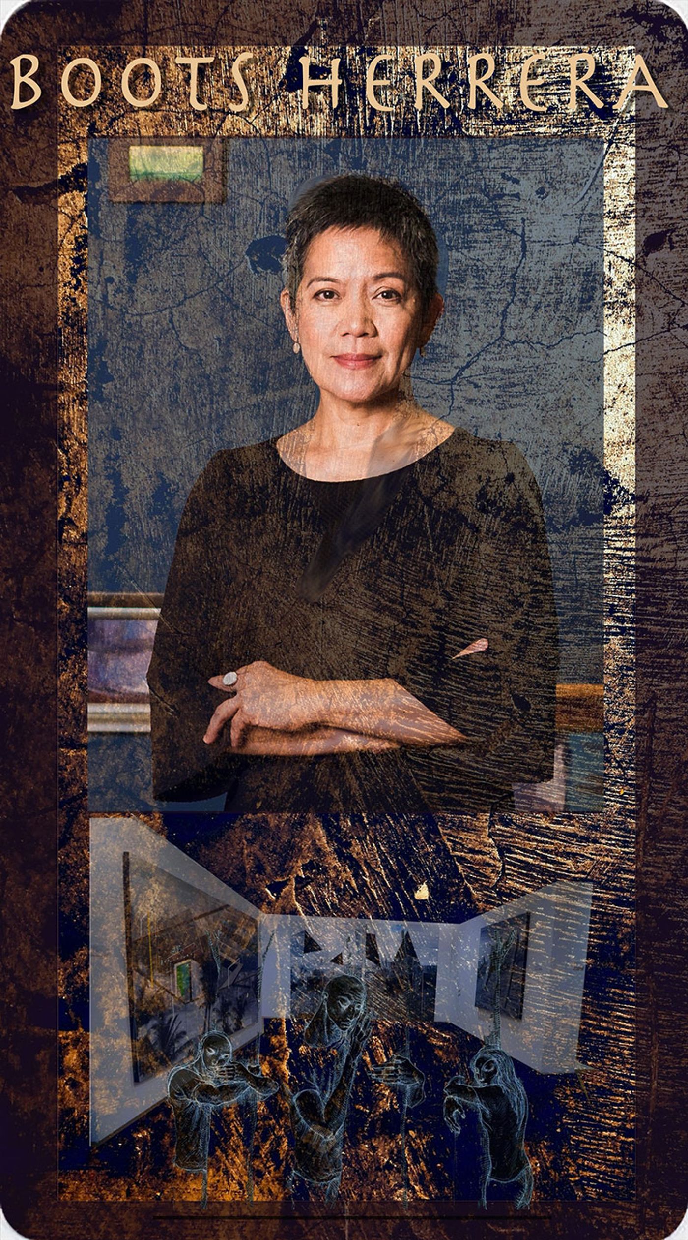 Composite portrait card of Boots Herrera with cropped hair and folded arms in a dark blouse, montaged over a blue gallery wall and ghostly line drawn figures below framed pictures