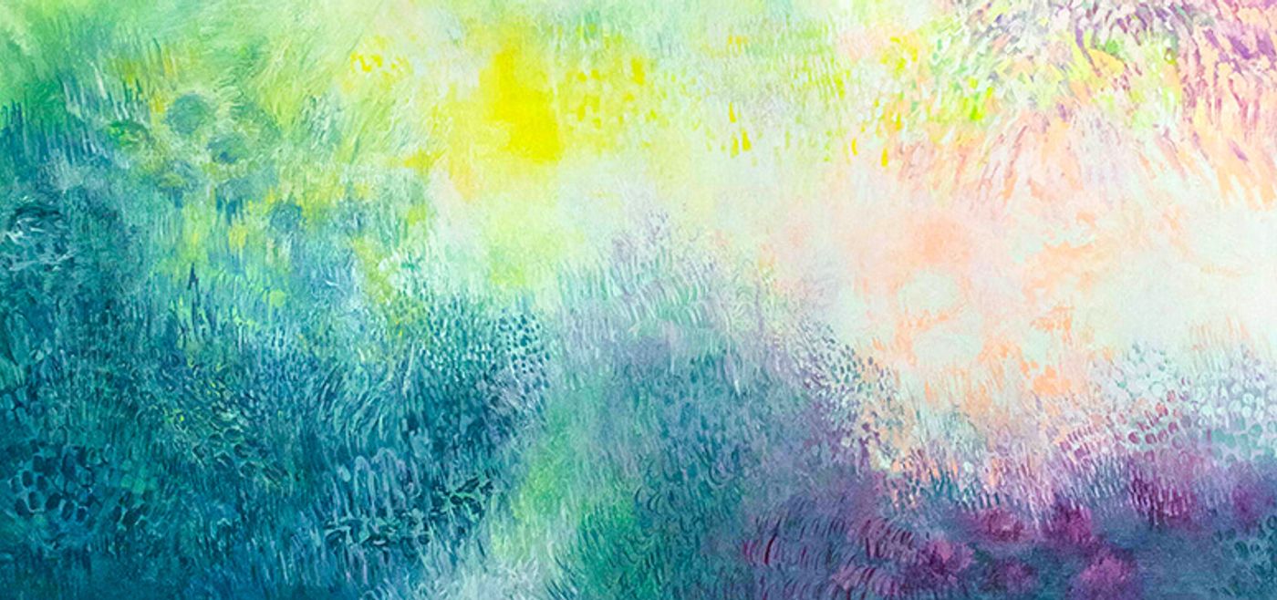 A wide horizontal painting shifting from deep teal mark-making on the left through a bright yellow-green centre toward soft lavender and peach on the right