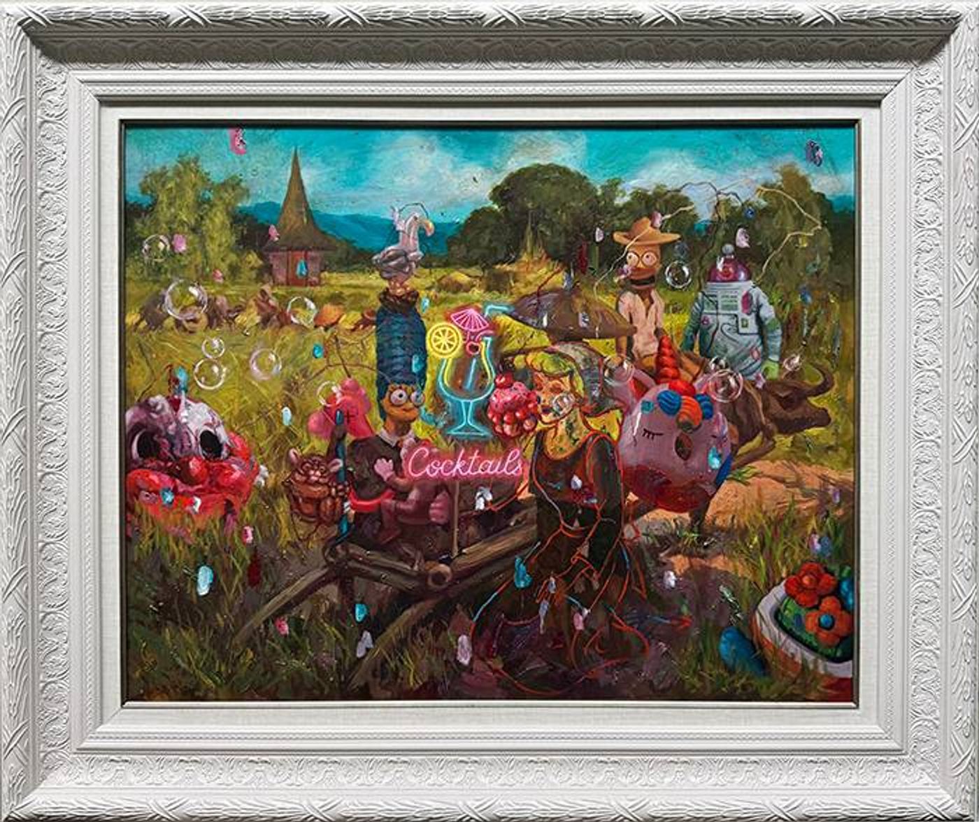 Oil painting titled Huntahan depicting figures in a rural landscape layered with splashes of bright color and contemporary pop culture references