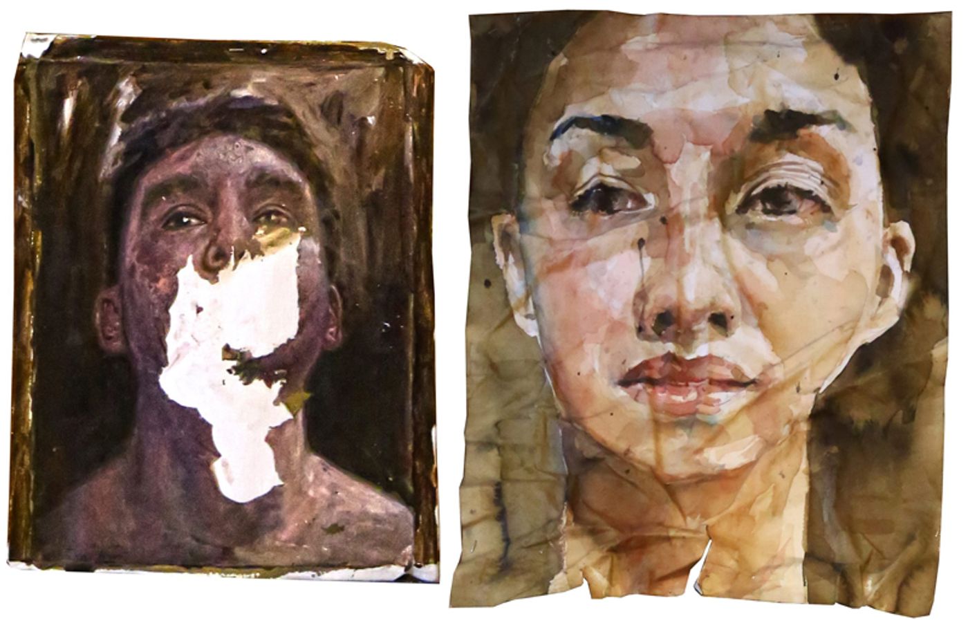 Two painted portraits side by side, a dark impasto self-portrait of a young man and a translucent watercolour head of a woman on creased paper