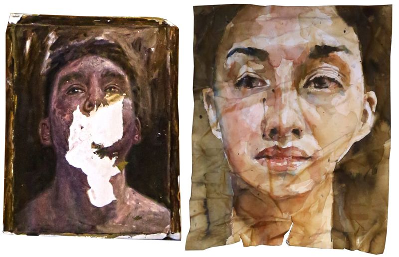 Two painted portraits side by side, a dark impasto self-portrait of a young man and a translucent watercolour head of a woman on creased paper