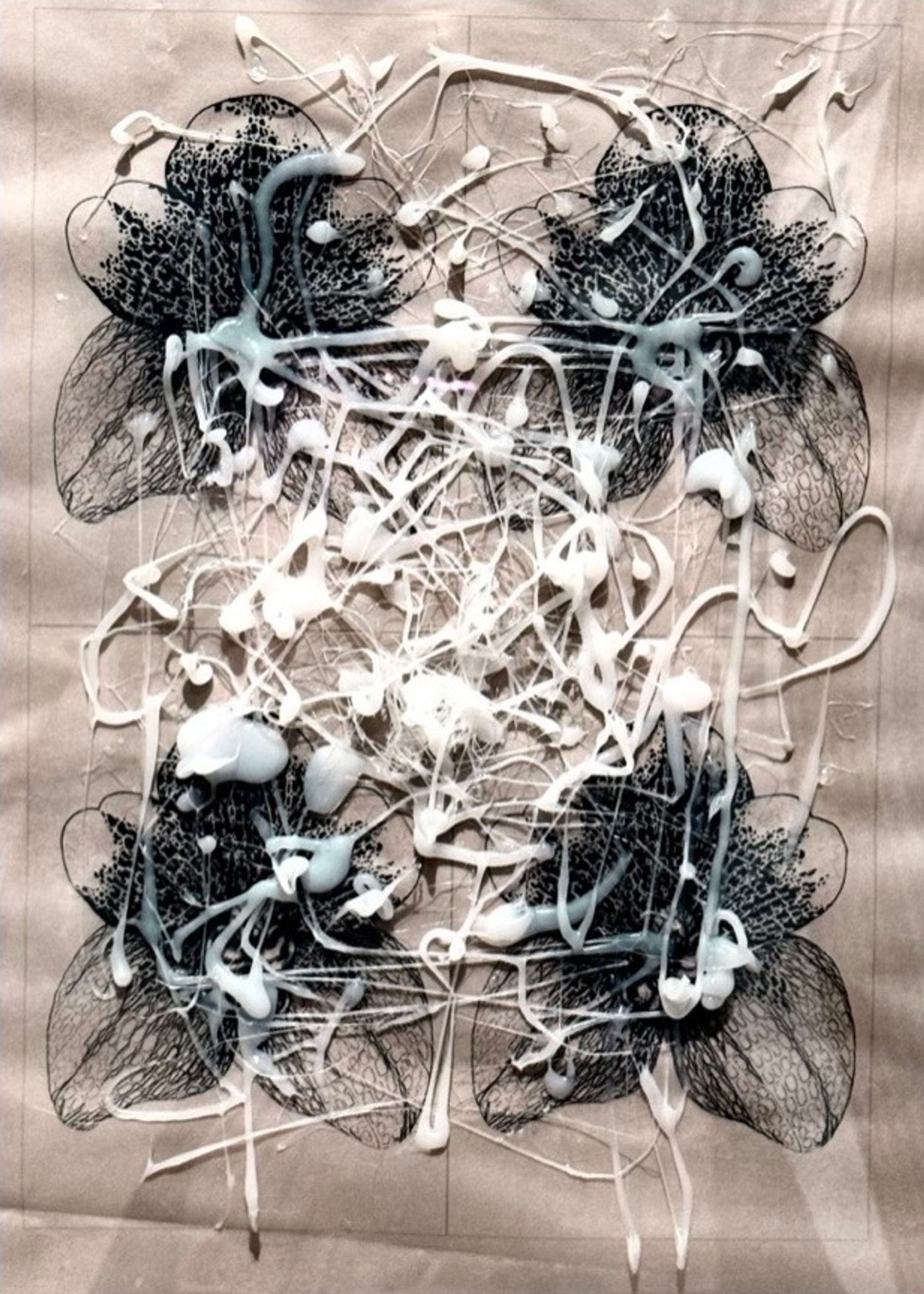 A Spell For Awakening I by Katya Angara, white poured lines webbed over four dark lace-winged flowers on translucent paper