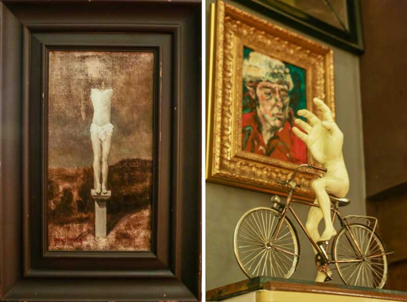 Left, a small dark painting of a lone figure on a pillar; right, a gilt-framed portrait of an older man beside a pale sculpture of a nude riding a bicycle