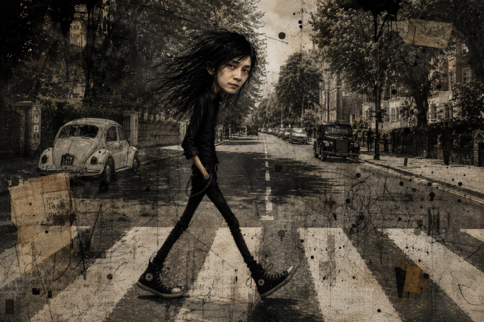 Illustrated wild-haired figure in all black strides across the Abbey Road zebra crossing in London, a white Beetle parked by the studio wall