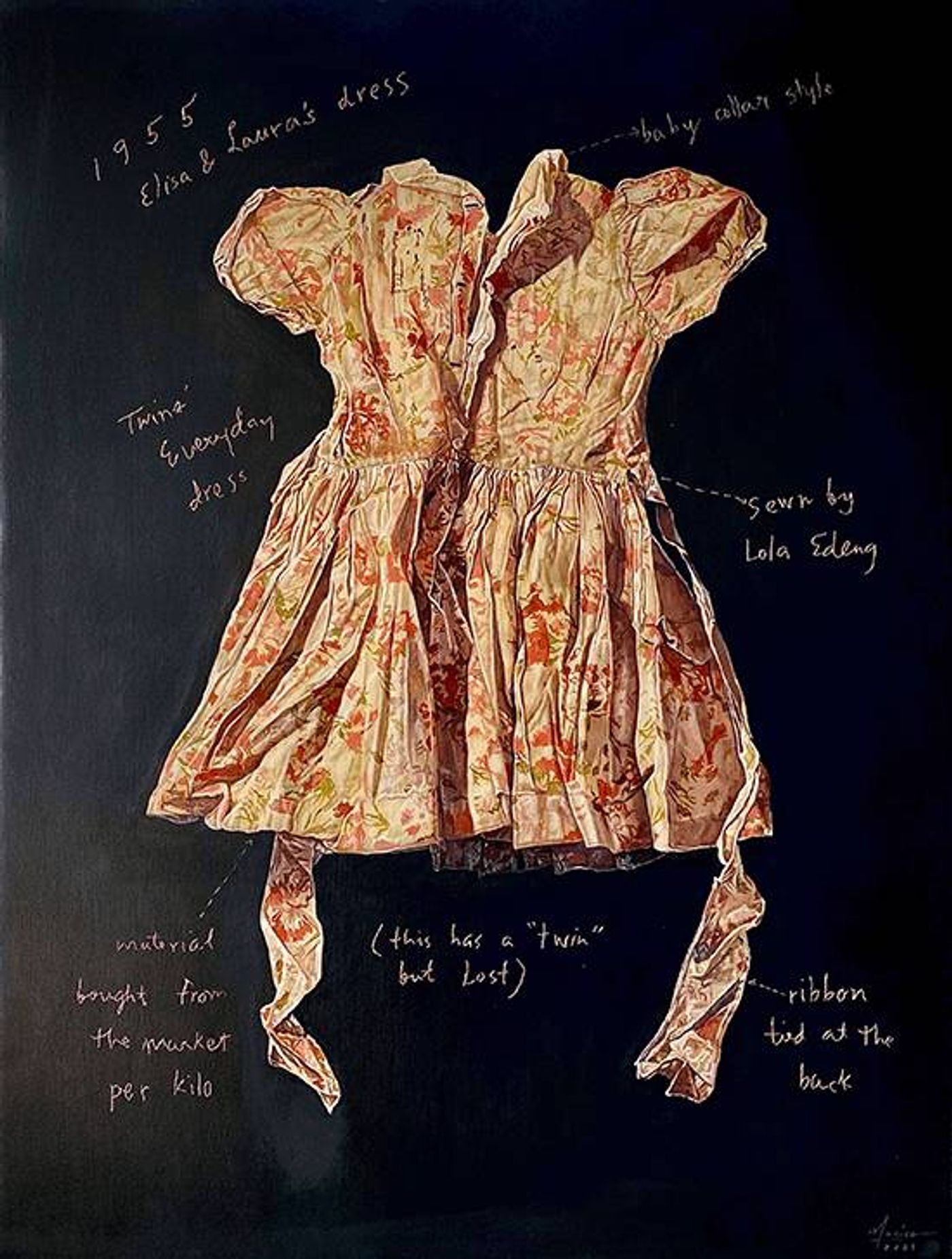 Marina Cruz’s Elisa and Laura’s Dress, an oil painting of a creased 1955 floral child’s dress on black ringed by handwritten notes