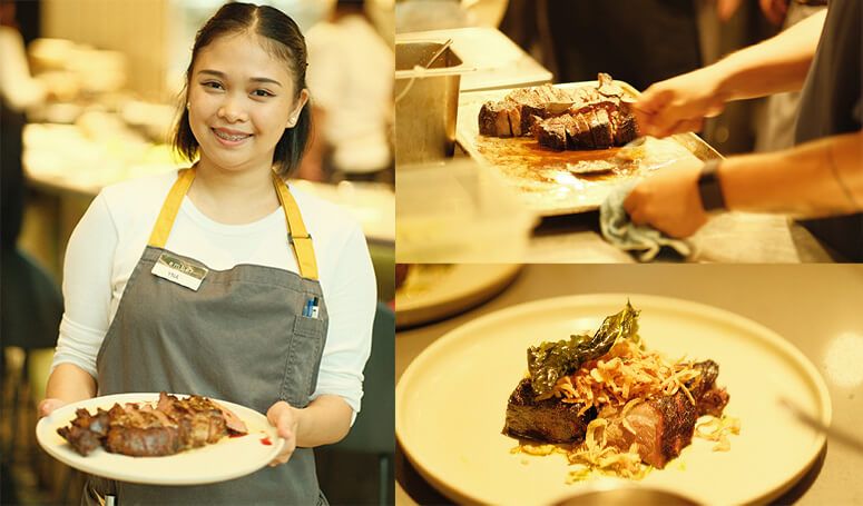 Three views of Ember’s steak: a smiling server presents a plate, hands slice the beef, the dish sits plated
