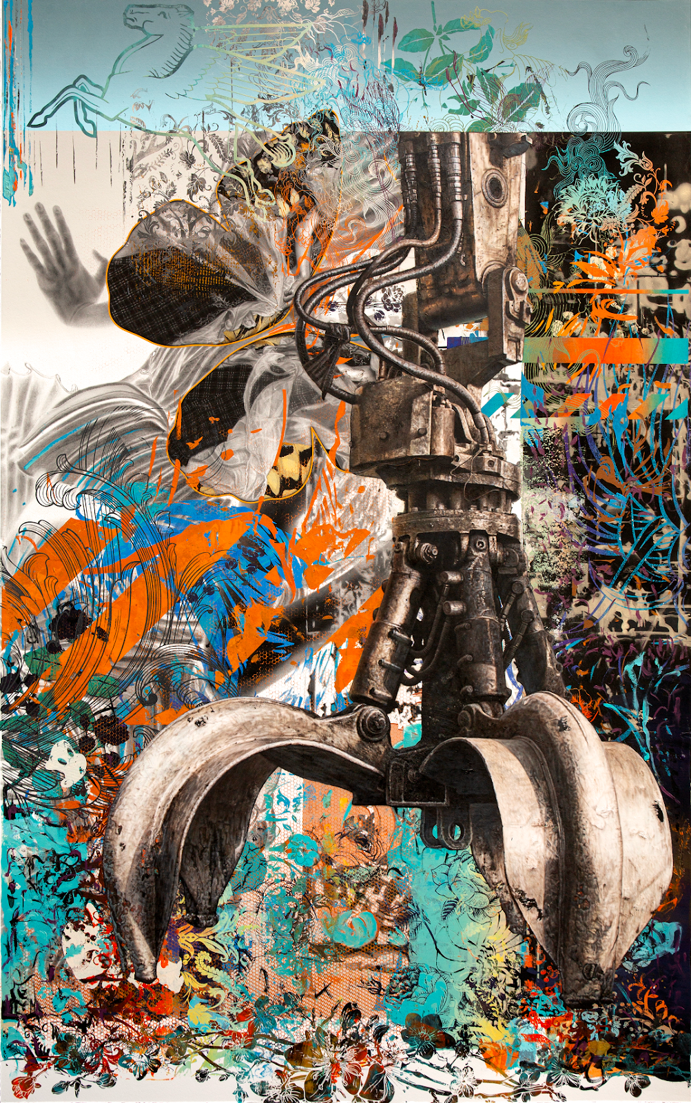 ‘Metal Lotus’ by Ronald Ventura: a hydraulic grapple claw blooming amid bursts of turquoise and orange painted foliage