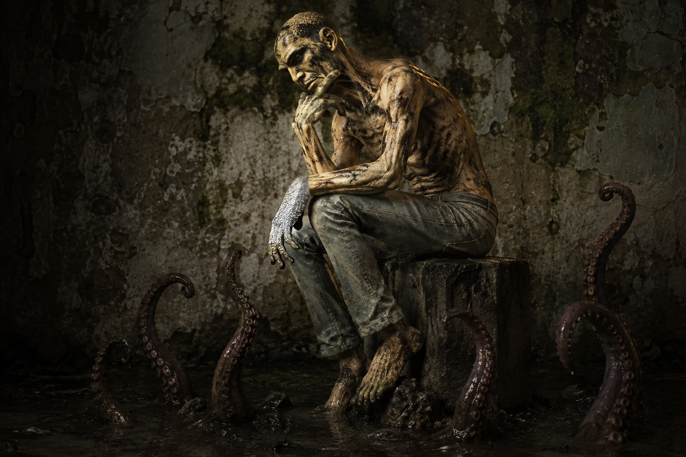 A gaunt, mud-caked man sits in the Thinker pose on a stump, ankle-deep in black floodwater, as octopus tentacles rise around him in a derelict green-stained room