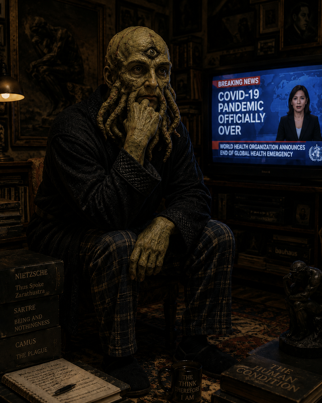 An aged three-eyed Cthulhu in plaid pajamas sits chin in hand like Rodin’s Thinker, volumes of Nietzsche, Sartre and Camus stacked at his side, while the TV announces the COVID-19 pandemic officially over