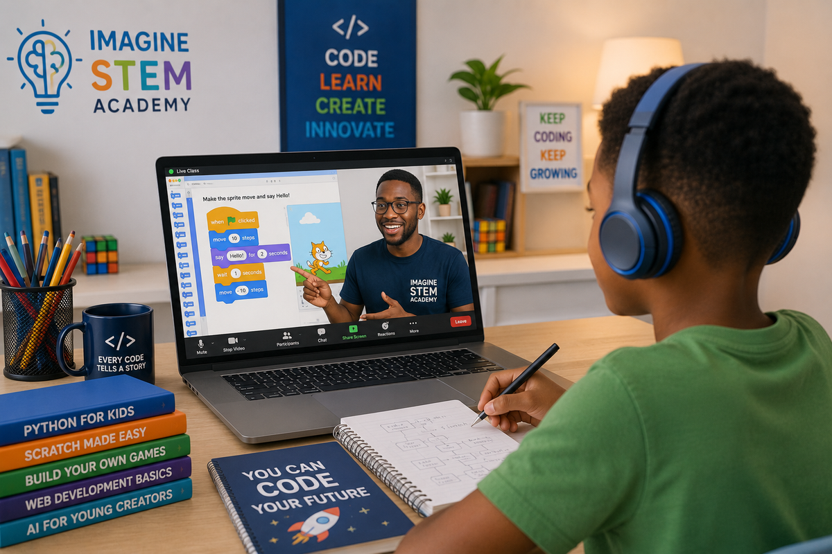 Imagine STEM Academy instructor teaching a child during a live online coding lesson.