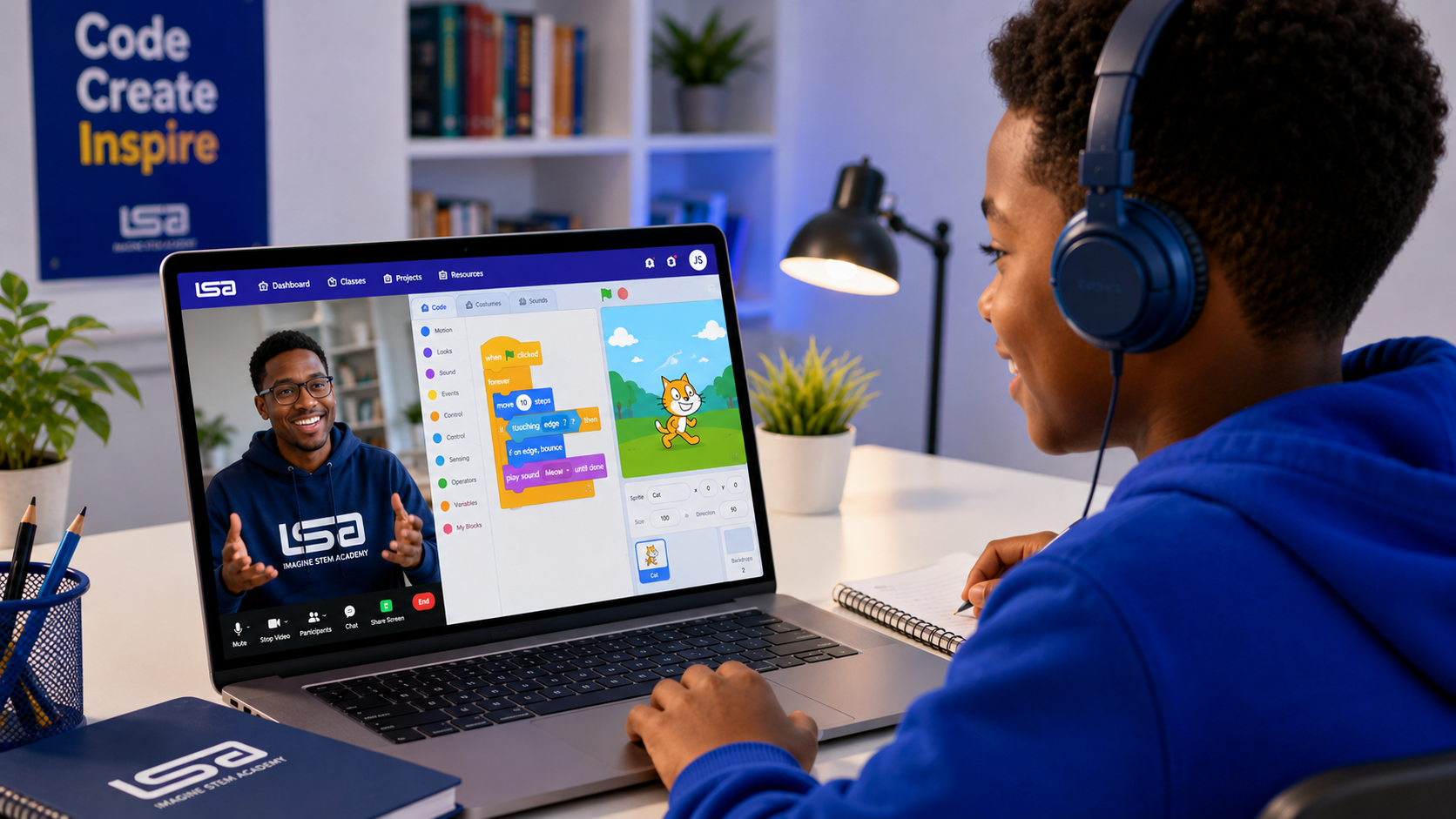Children taking live online coding classes with an Imagine STEM Academy instructor
