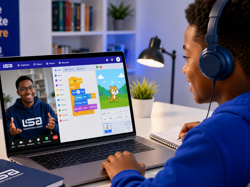Children taking live online coding classes with an Imagine STEM Academy instructor