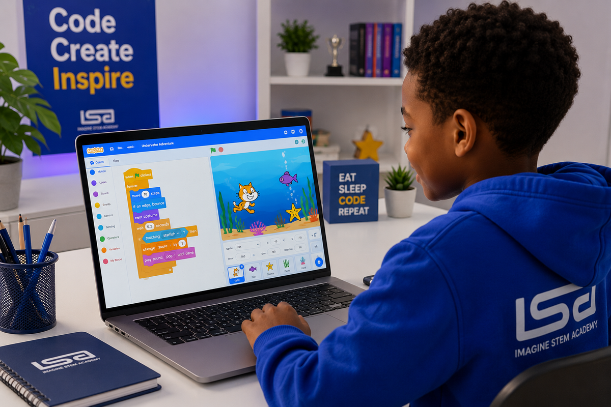 Child creating an interactive game during a Scratch programming class