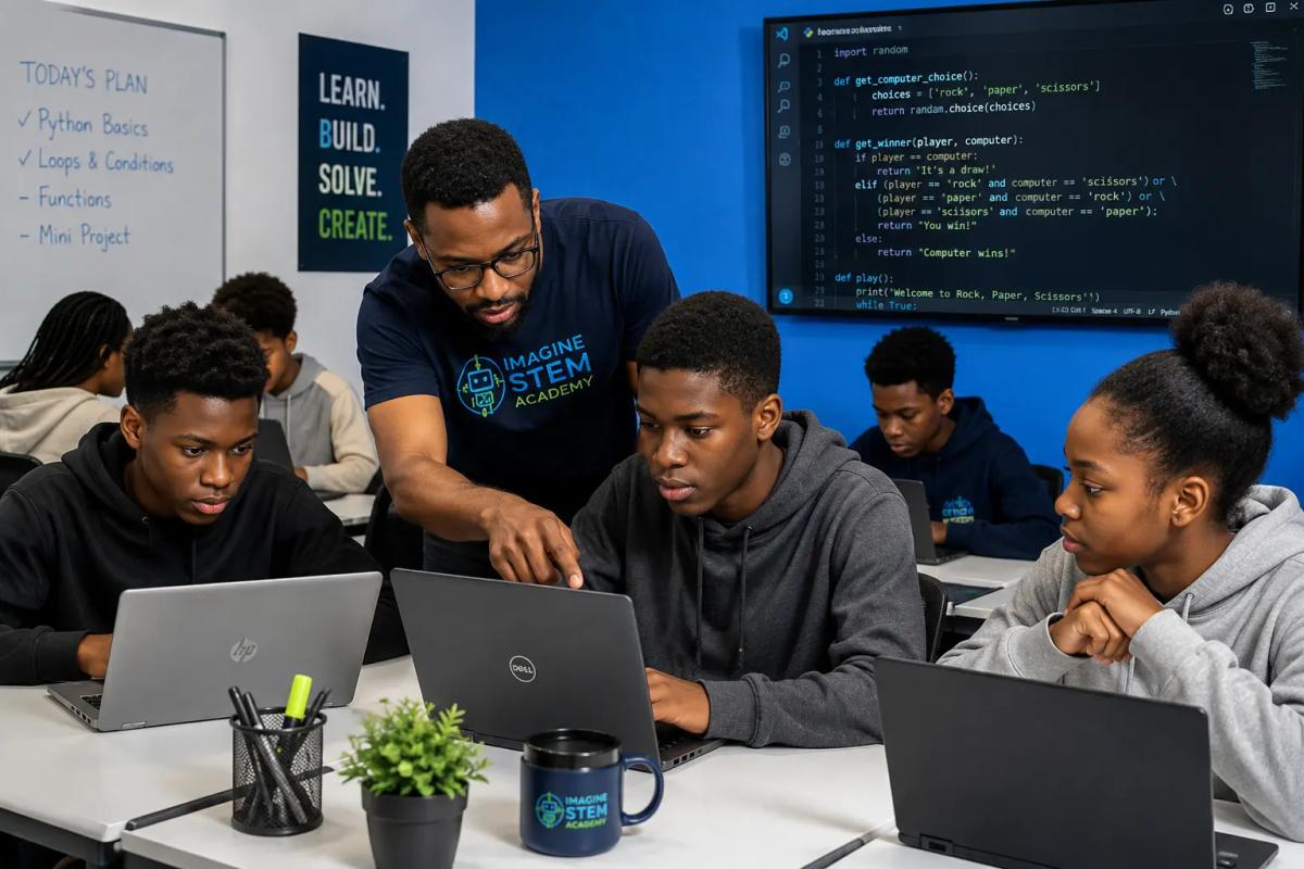 African teenagers learning Python in a small-group coding class with an Imagine STEM Academy instructor.