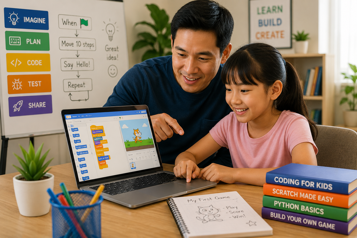 Parent and child exploring beginner coding activities together at home.