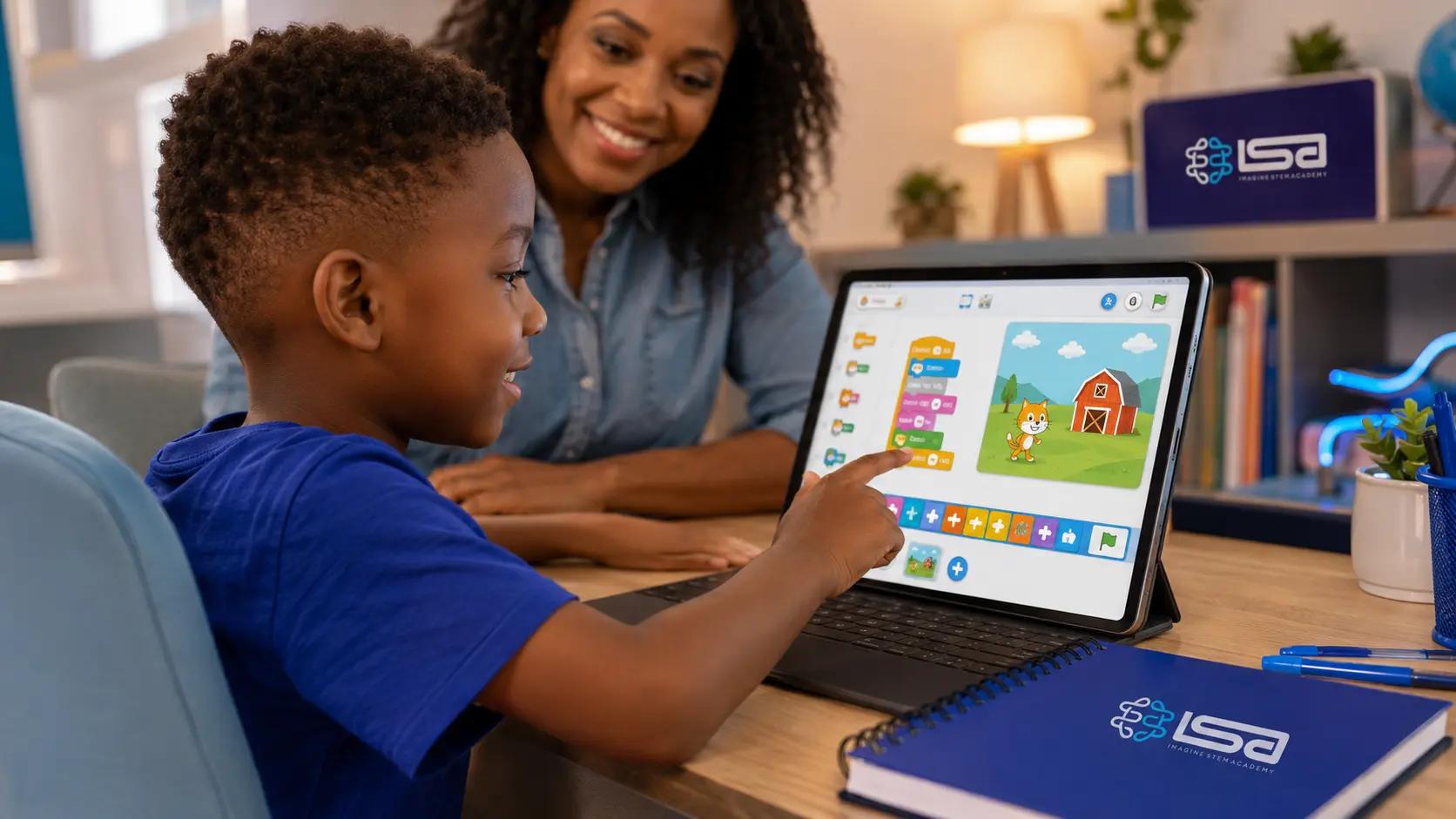 7-year-old learning to code using a visual block-based app with a parent nearby.