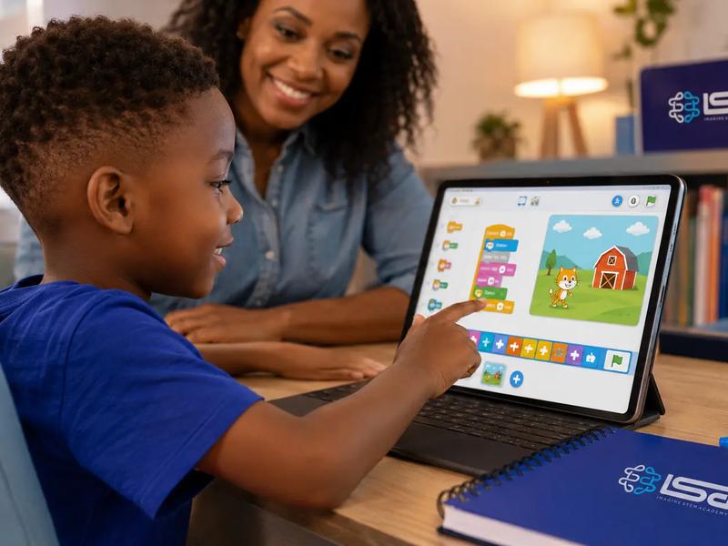 7-year-old learning to code using a visual block-based app with a parent nearby.